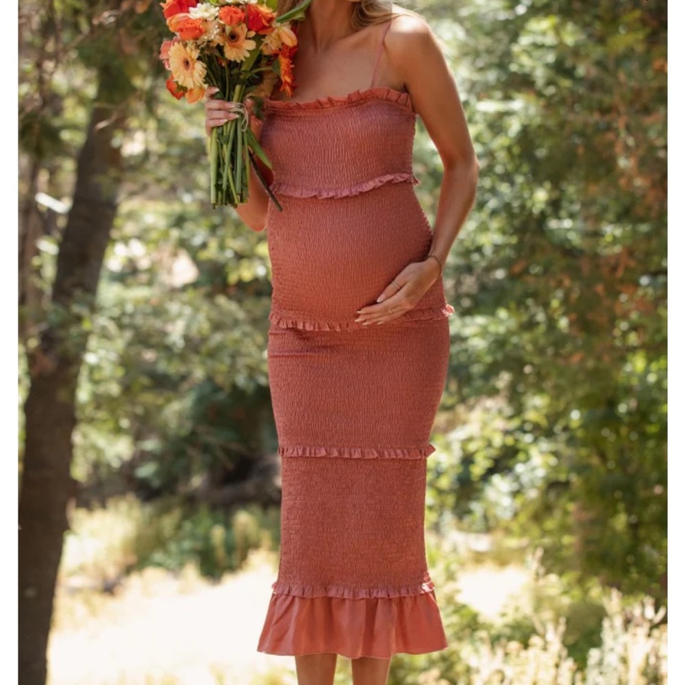 Mauve Satin Smocked Fitted Maternity Midi Dress